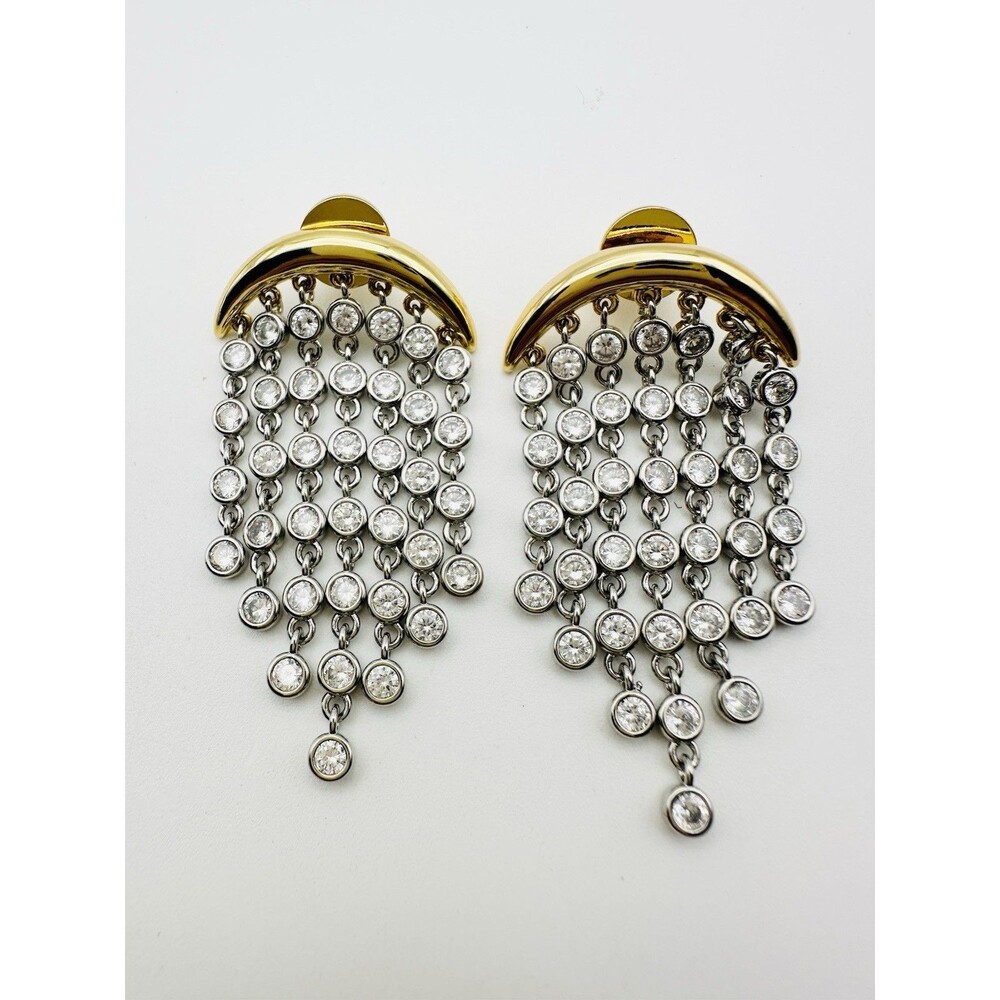 Gold Silver Two Tone Bezel Set Fringe Chandelier Earrings